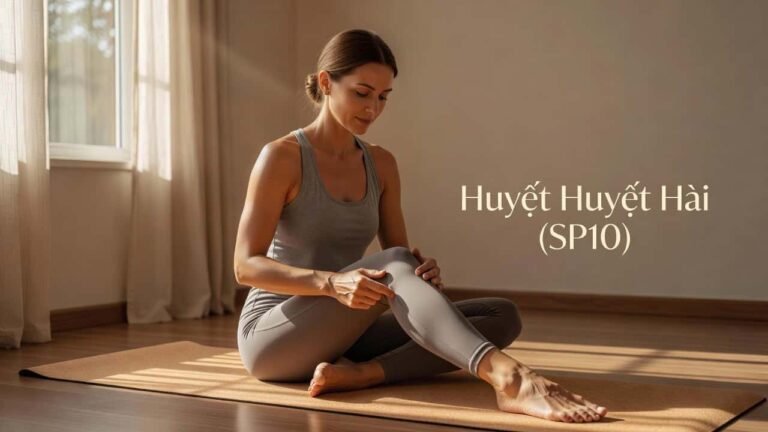 Hình ảnh phụ nữ tập yoga, thể hiện vị trí huyệt Huyết Hải.