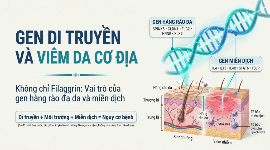 Gen di truyền và viêm da cơ địa với hình ảnh DNA và mô da ở bên phải.