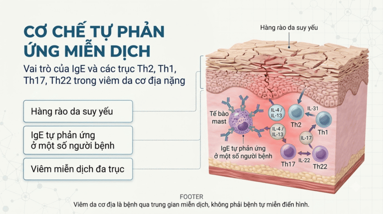 Hình minh họa cơ chế tự miễn dịch trong viêm da cơ địa nặng tại Da liễu - hệ miễn dịch và tế bào IgE.