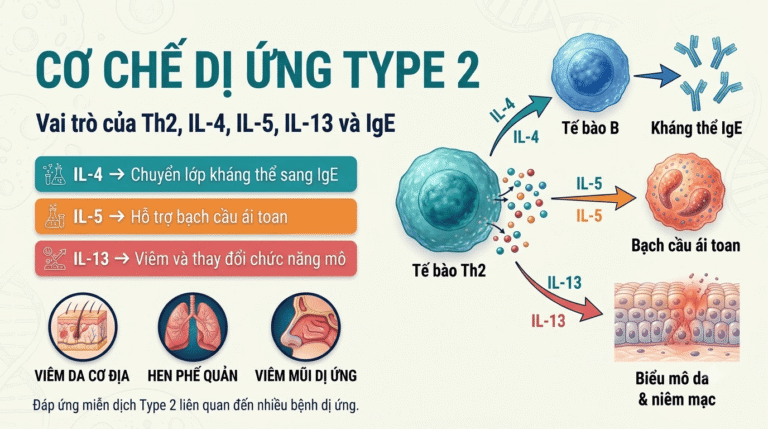Cơ chế dị ứng Type 2 qua Th2 và vai trò Cytokine tại Da - minh họa trực quan.