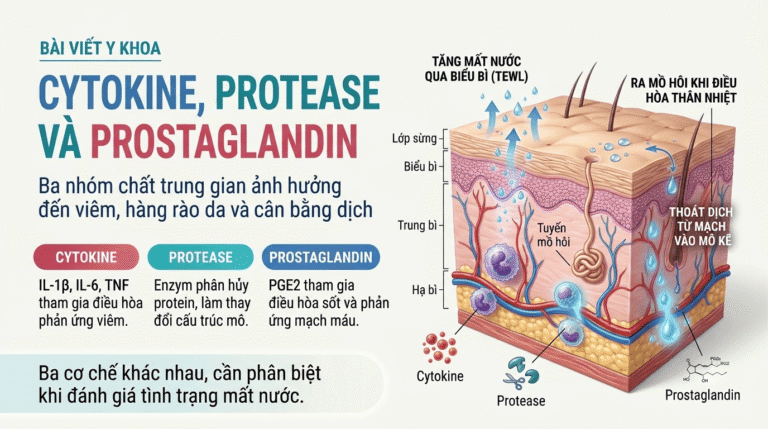 Hình ảnh minh họa cytokine, protease và prostaglandin liên quan mất nước qua da ở Da.