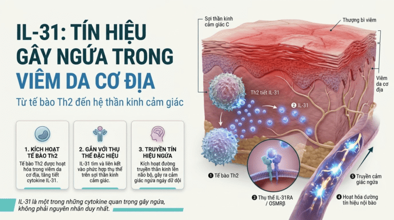 IL-31 gây ngứa trong viêm da cơ địa - hình minh họa lớp da và tế bào miễn dịch.