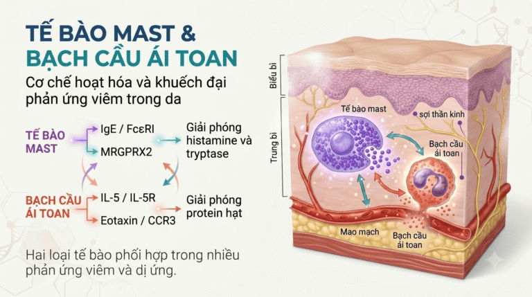 Hình ảnh của cơ chế hoạt hóa tế bào mast và bề diễn tĩnh trong da.