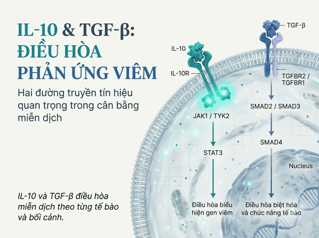 IL-10 & TGF-β điều hòa viêm: sơ đồ tín hiệu miễn dịch trong tế bào và nhân tế bào.